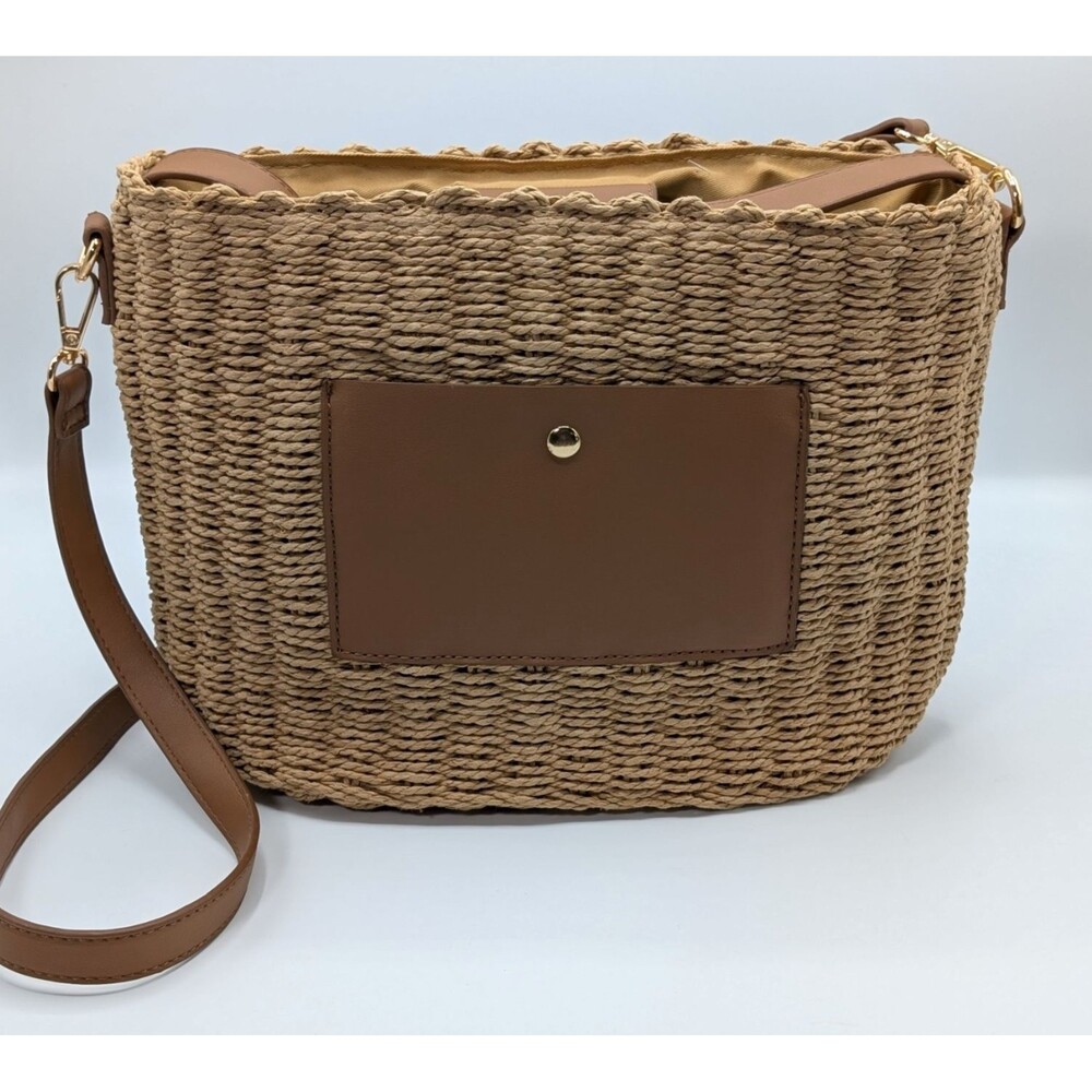 Woven Paper Women Purse Tan Brown 14โ Crossbody Bucket Tote Shoulderbag